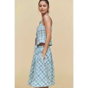 Maeve Drawstring A-Line Cotton Midi Skirt Turquoise Plaid XL NWT Anthropologie